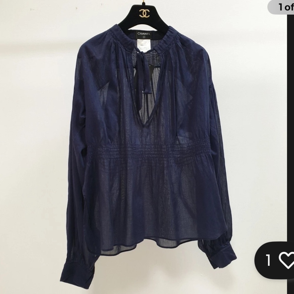 Chanel Navy Blue Cotton Waist 2 CC Logo Buttons Blouse Size 40 - Picture 3 of 10